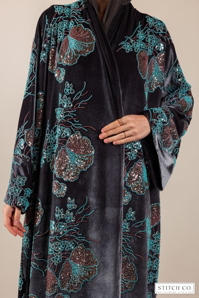BLUE VELVET ABAYA WITH LACE DESIGN